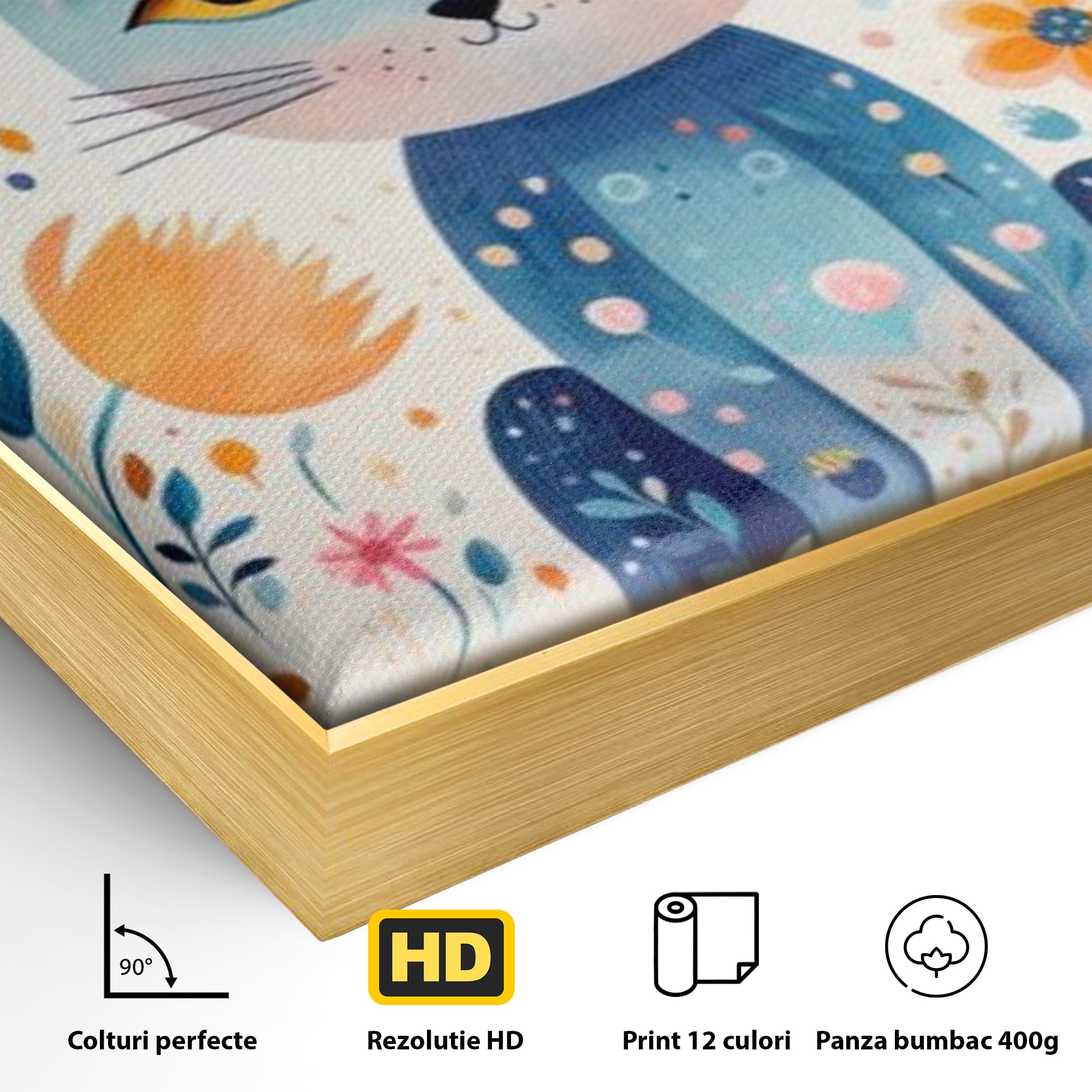 Detaliu al suprafetei: ilustratie digitala cu pisica albastra si flori, in rama de aluminiu auriu